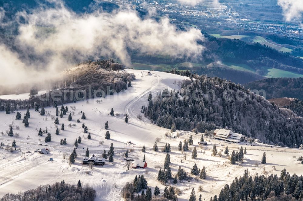 Sankt Peter from above - Wintry snowy forest and mountain scenery in Sankt Peter in the state Baden-Wurttemberg, Germany