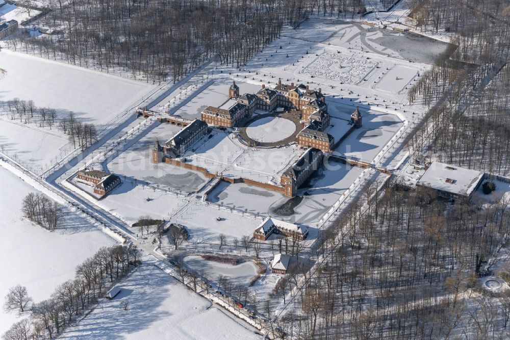 Nordkirchen from above - Wintry snowy building and castle park systems of water castle Schloss Nordkirchen in Nordkirchen in the state North Rhine-Westphalia, Germany