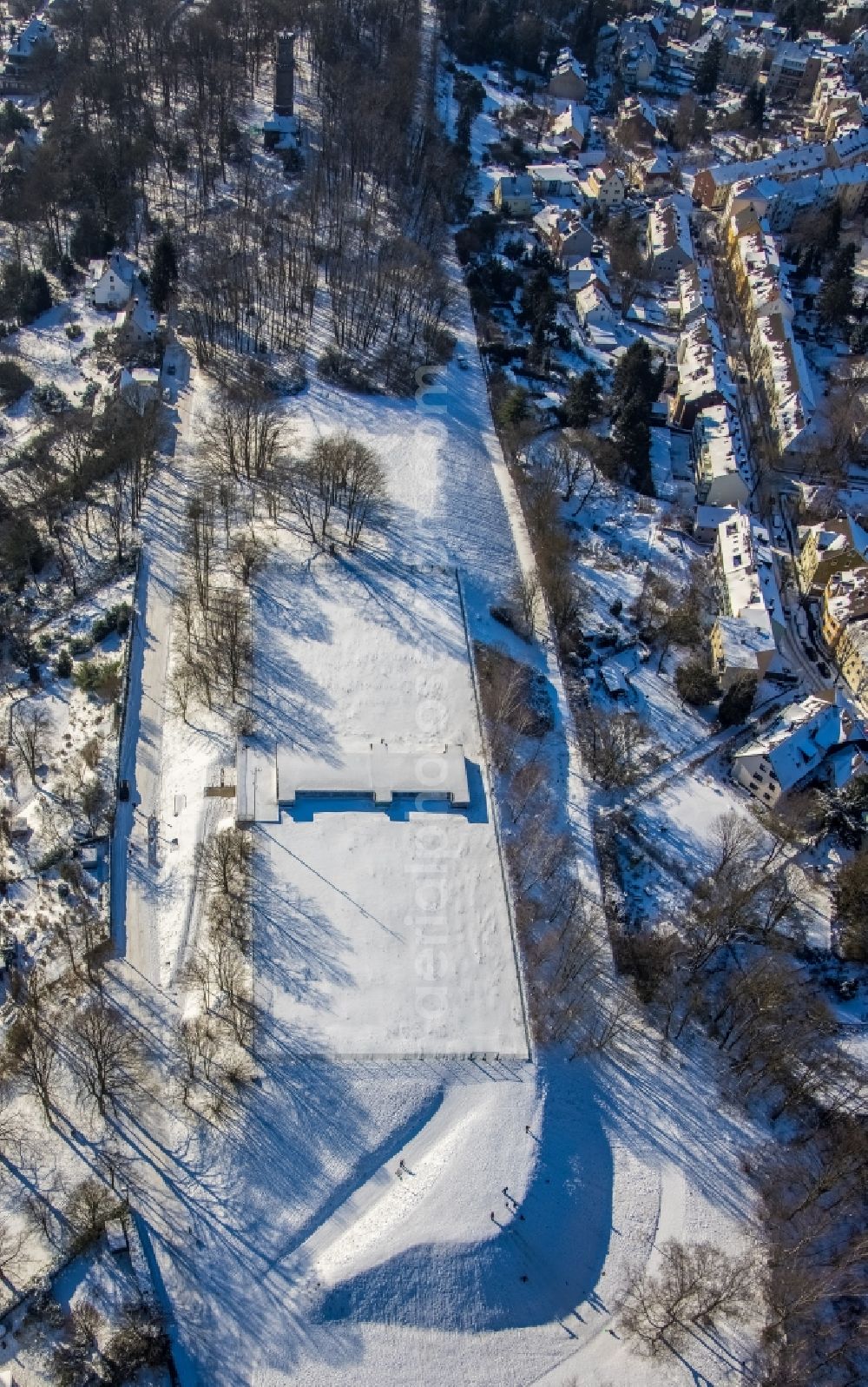 Aerial image Witten - Wintry snowy water storage facility Egge in Witten at Ruhrgebiet in the state of North Rhine-Westphalia