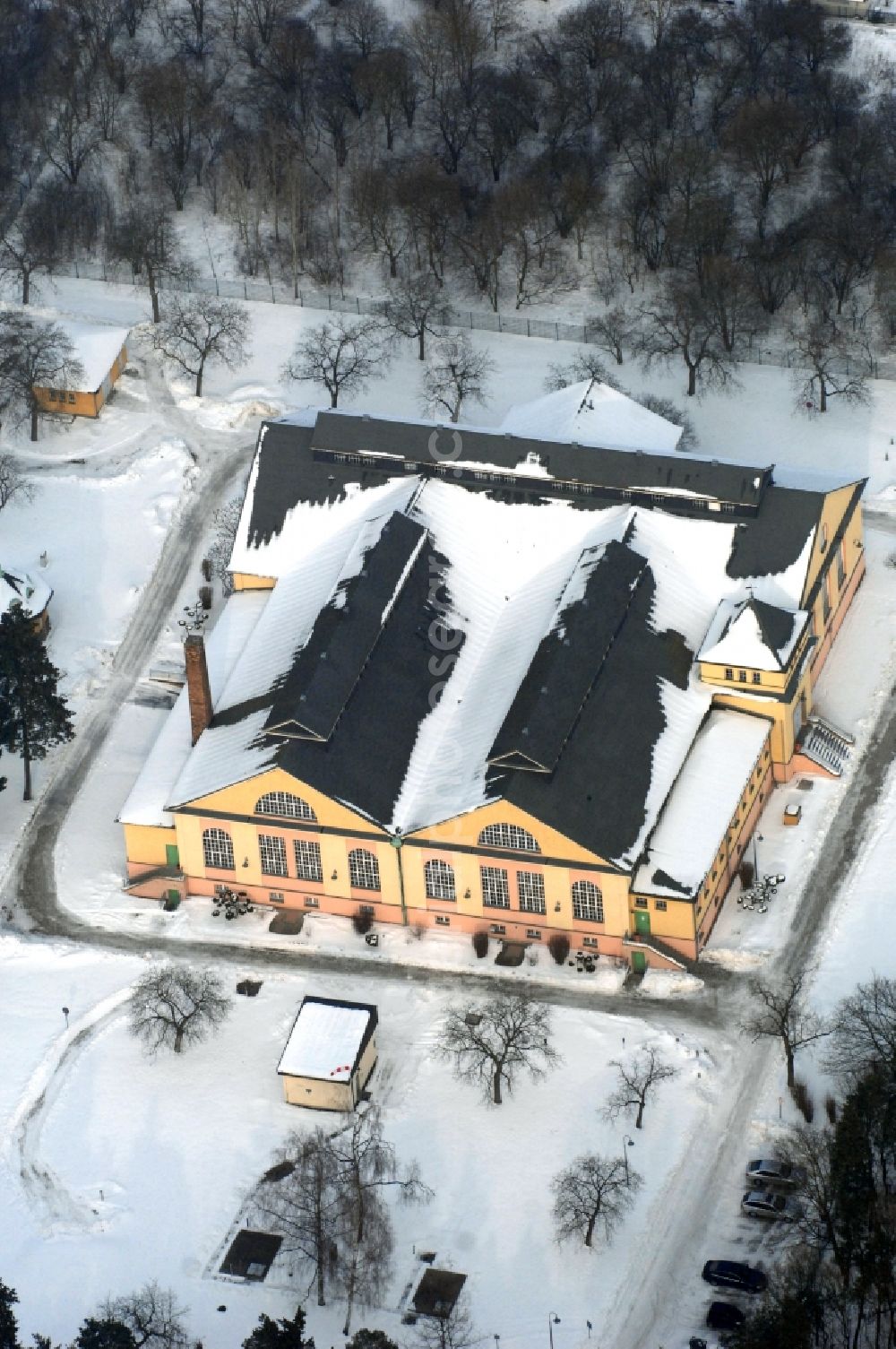 Berlin from above - Wintry snowy structure of the waterworks with high storage facility in the district Kaulsdorf in Berlin, Germany