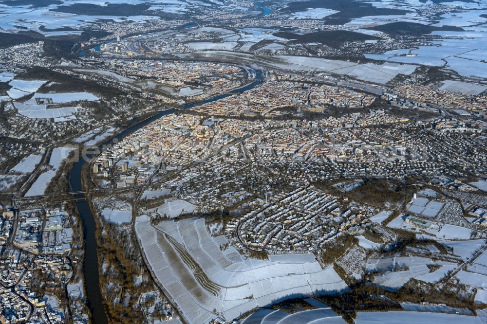 Würzburg from above - Wintry snowy fields of wine cultivation landscape on Aeusserer Neubergweg in the district Frauenland in Wuerzburg in the state Bavaria, Germany