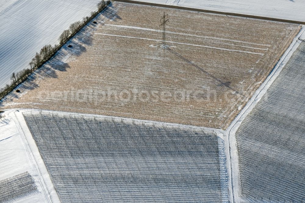 Zweiflingen from above - Wintry snowy fields of wine cultivation landscape in Zweiflingen in the state Baden-Wuerttemberg, Germany