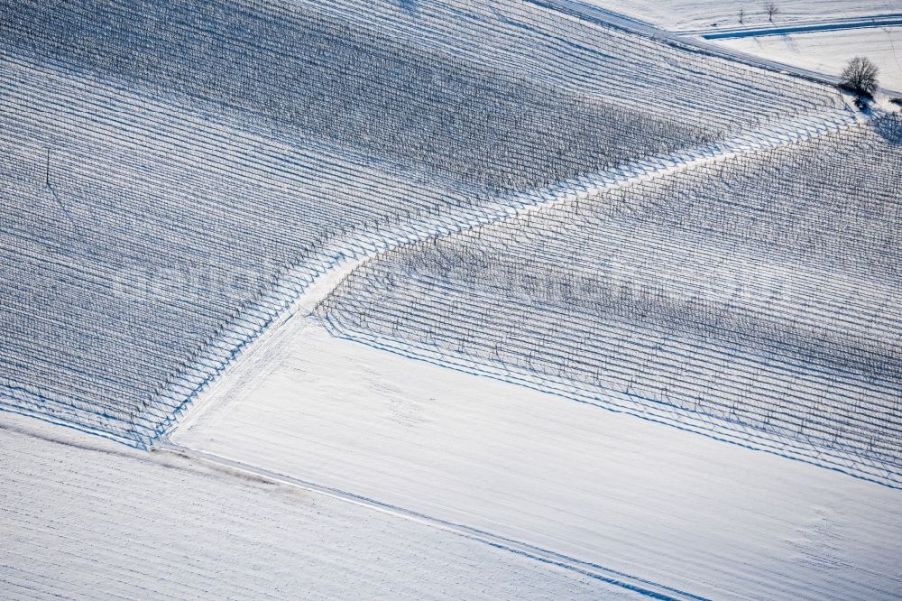 Zweiflingen from the bird's eye view: Wintry snowy fields of wine cultivation landscape in Zweiflingen in the state Baden-Wuerttemberg, Germany