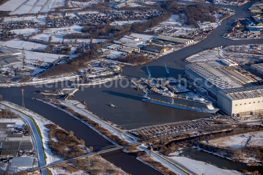 Papenburg from above - Wintry snowy shipyard - site of the Meyer Werft in Papenburg in the state Lower Saxony, Germany