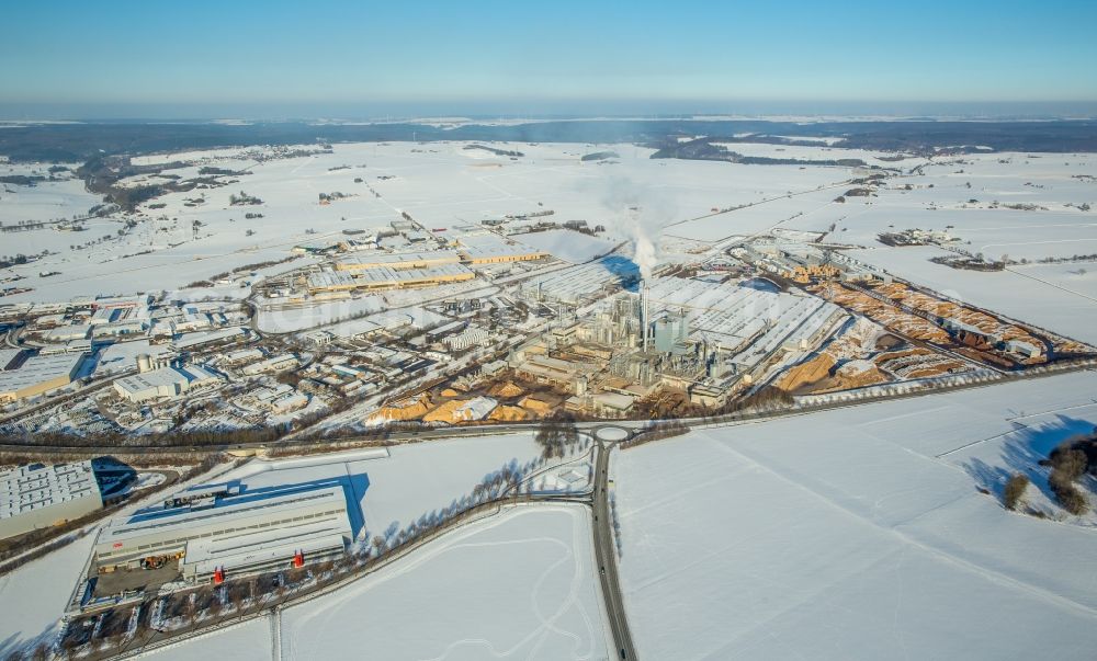 Aerial image Brilon - Wintry snowy Building and production halls on the premises of Egger Holzwerkstoffe Brilon GmbH & Co. KG in Brilon in the state North Rhine-Westphalia