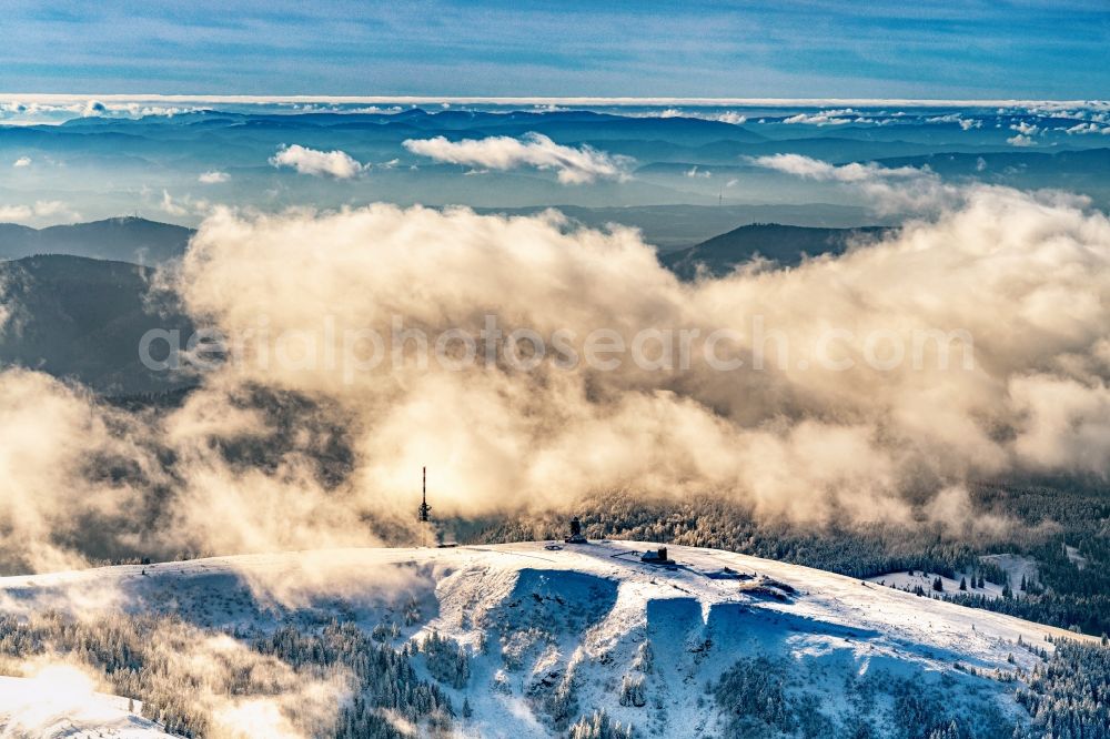 Aerial photograph Feldberg (Schwarzwald) - Wintry snowy weather conditions with cloud formation in Feldberg (Schwarzwald) in the state Baden-Wurttemberg, Germany