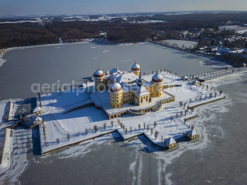 Moritzburg from the bird's eye view: Wintry snowy winterly snow-covered hunting and moated castle and castle park in the castle pond in Moritzburg in the federal state of Saxony, Germany