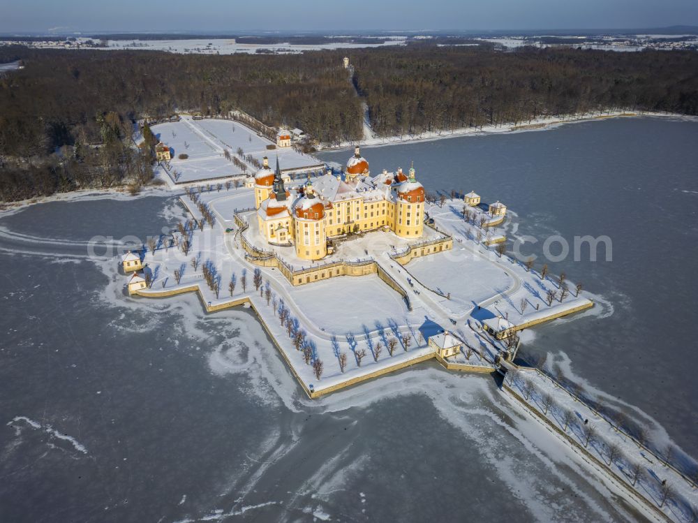 Moritzburg from the bird's eye view: Wintry snowy winterly snow-covered hunting and moated castle and castle park in the castle pond in Moritzburg in the federal state of Saxony, Germany