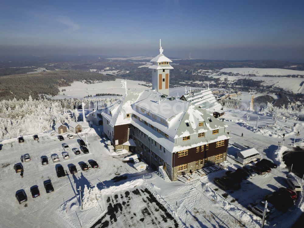 Oberwiesenthal from above - Winter snow-covered path and downhill slope in the winter sports ski area at the Fichtelberghaus on the Fichtelbergstrasse in Oberwiesenthal in the state of Saxony, Germany