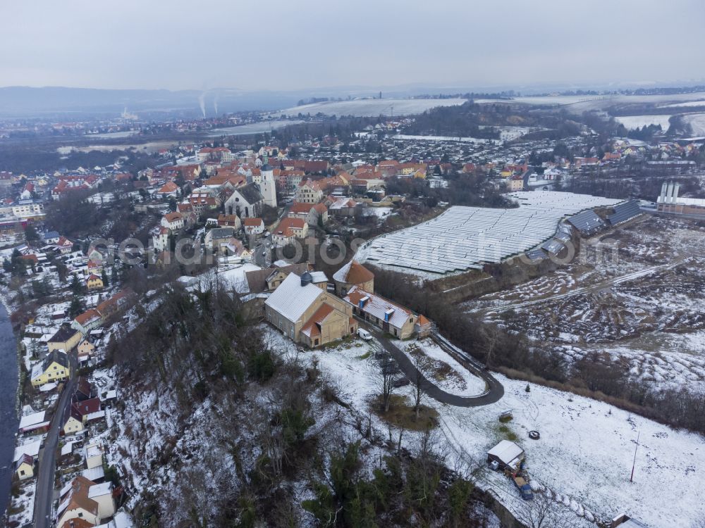 Aerial image Dohna - Wintry snowy residential areas on the edge of agricultural land in Dohna in the state Saxony, Germany