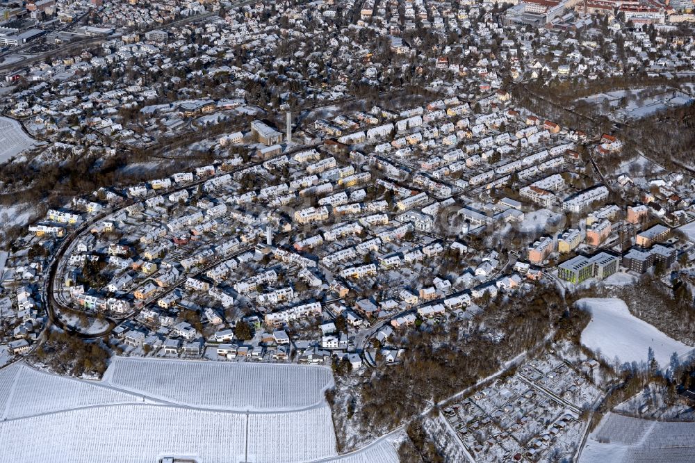 Würzburg from above - Wintry snowy residential area - mixed development of a multi-family housing estate and single-family housing estate on Hans-Loeffler-Strasse in the district Frauenland in Wuerzburg in the state Bavaria, Germany