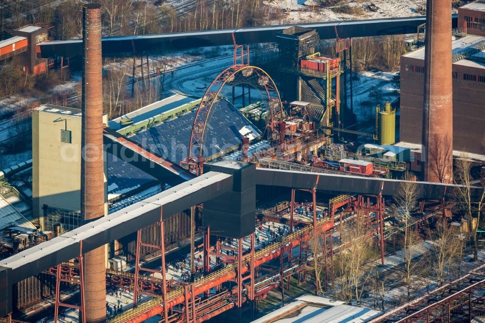 Essen from above - Winter walk on the ice rink in the coking plant Zeche Zollverein in Essen in North Rhine-Westphalia