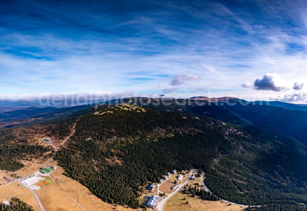 Aerial image Spindleruv Mlyn - Spindlermühle - Aisle and downhill slope in the winter sports ski area on street Svatopetrska in Spindleruv Mlyn - Spindlermuehle in Kralovehradecky kraj - Boehmen, Czech Republic