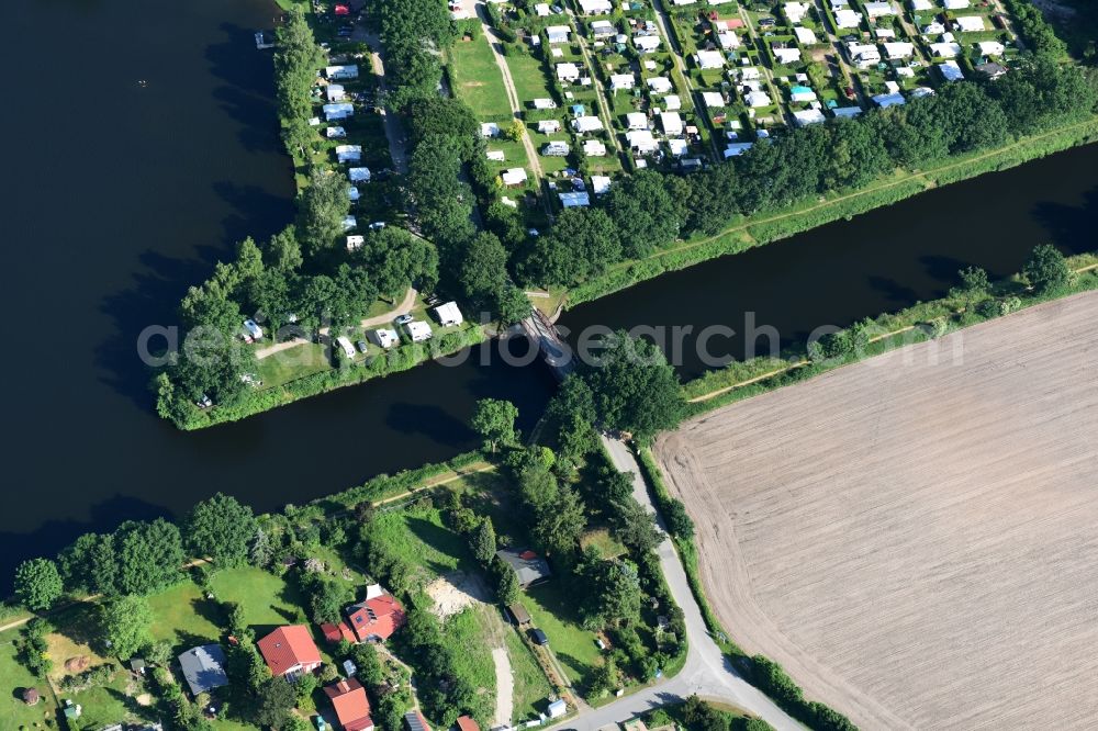 Basedow from above - Agricultural road bridge Lanze-Basedow over the Elbe-Luebeck-Canal in Basedow in the state Schleswig-Holstein