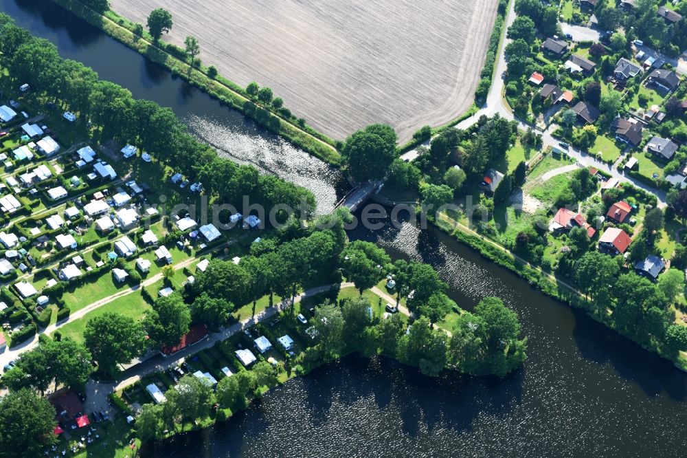 Basedow from above - Agricultural road bridge Lanze-Basedow over the Elbe-Luebeck-Canal in Basedow in the state Schleswig-Holstein