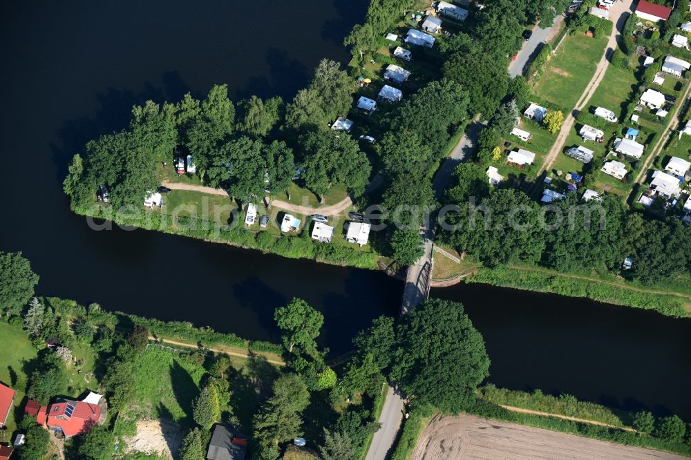 Basedow from above - Agricultural road bridge Lanze-Basedow over the Elbe-Luebeck-Canal in Basedow in the state Schleswig-Holstein