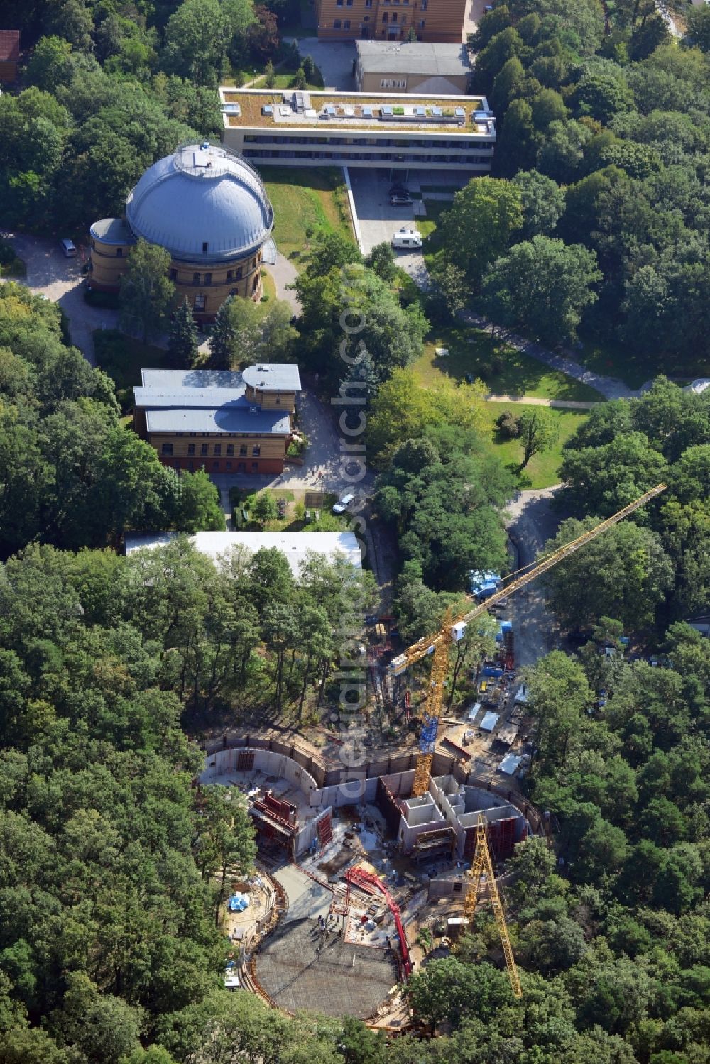 Potsdam from above - View at the construction site of an extension building of the Potsdam Institute for Climate Research at the site of the Albert Einstein Research Park on the Telegrafenberg in Potsdam in the federal state of Brandenburg. The construction is object of a research project for energy optimization