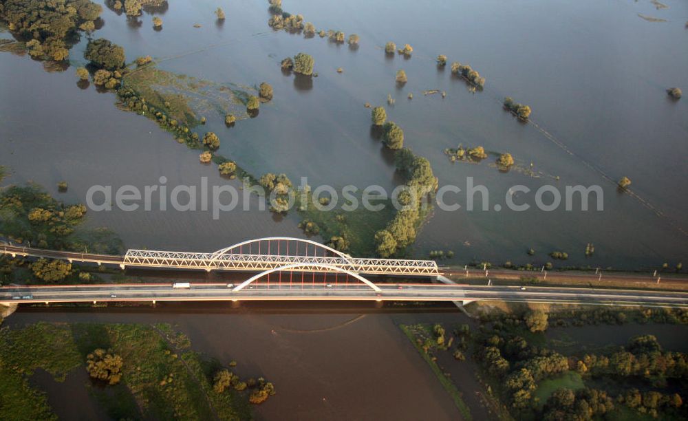 Aerial photograph Lutherstadt Wittenberg - Die 2005 erneuerte Elbbrücke; hier während des Hochwassers im Oktober 2010.