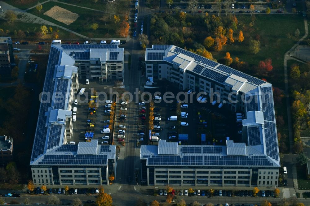 Berlin from the bird's eye view: Residential and commercial building along of Doebelner Strasse in the district Hellersdorf in Berlin, Germany