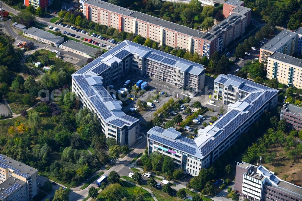 Berlin from above - Residential and commercial building along of Doebelner Strasse in the district Hellersdorf in Berlin, Germany