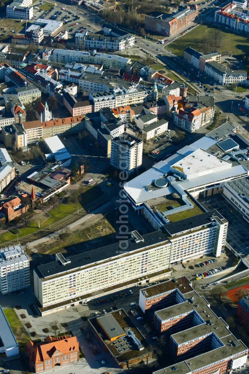 Aerial image Cottbus - Residential and commercial building along of Stadtpromenade in Cottbus in the state Brandenburg, Germany