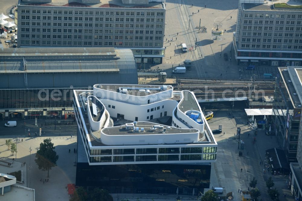 Berlin from the bird's eye view: Residential and commercial building Alea 101 of Redevco Services Deutschland GmbH on regional train station Alexanderplatz in Berlin, Germany