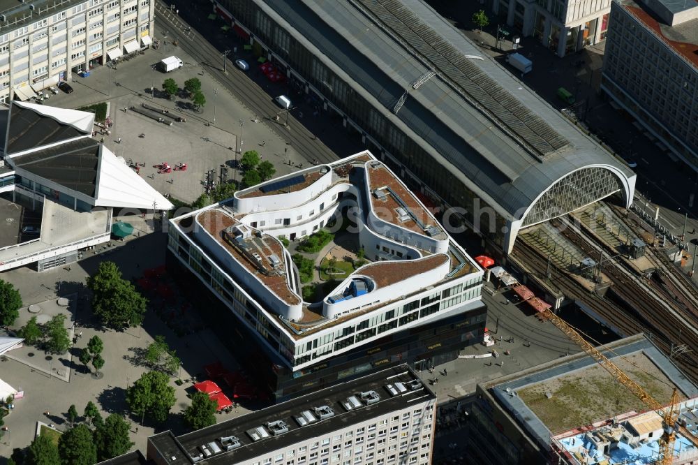 Berlin from above - Residential and commercial building Alea 101 of Redevco Services Deutschland GmbH on regional train station Alexanderplatz in Berlin, Germany