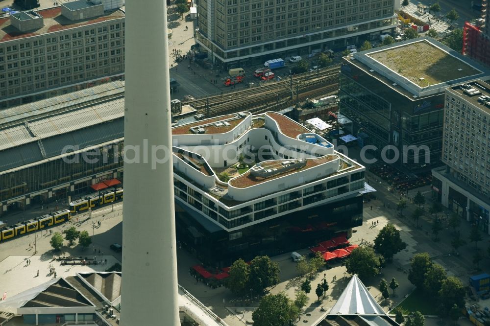 Berlin from above - Residential and commercial building Alea 101 of Redevco Services Deutschland GmbH on regional train station Alexanderplatz in Berlin, Germany