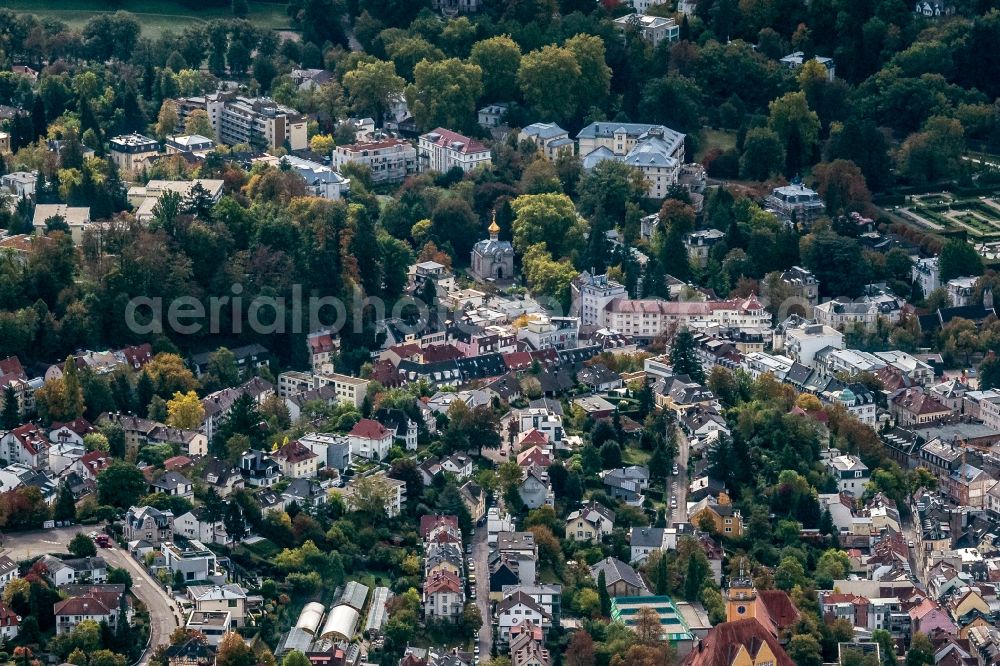 Baden-Baden from the bird's eye view: Residential and commercial building district in Baden-Baden in the state Baden-Wurttemberg, Germany