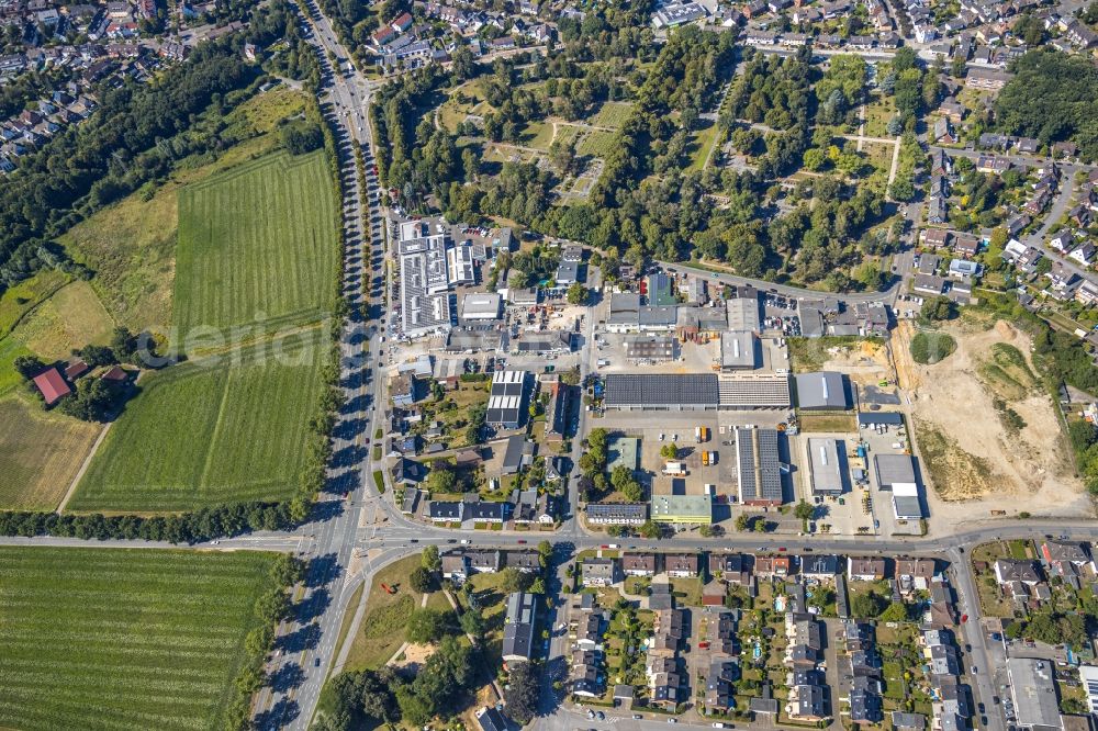 Bottrop from above - Residential and commercial building district along of Schubertstrasse with dem Nordfriedhof in Bottrop in the state North Rhine-Westphalia, Germany