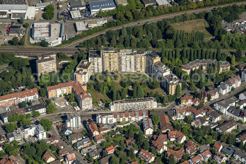 Freiburg im Breisgau from above - Residential and commercial building district along ofAlban-Stolz-Strasse in Freiburg im Breisgau in the state Baden-Wuerttemberg, Germany