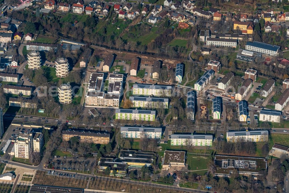 Lahr/Schwarzwald from above - Residential and commercial building district along Dinglingen in Lahr/Schwarzwald in the state Baden-Wurttemberg, Germany