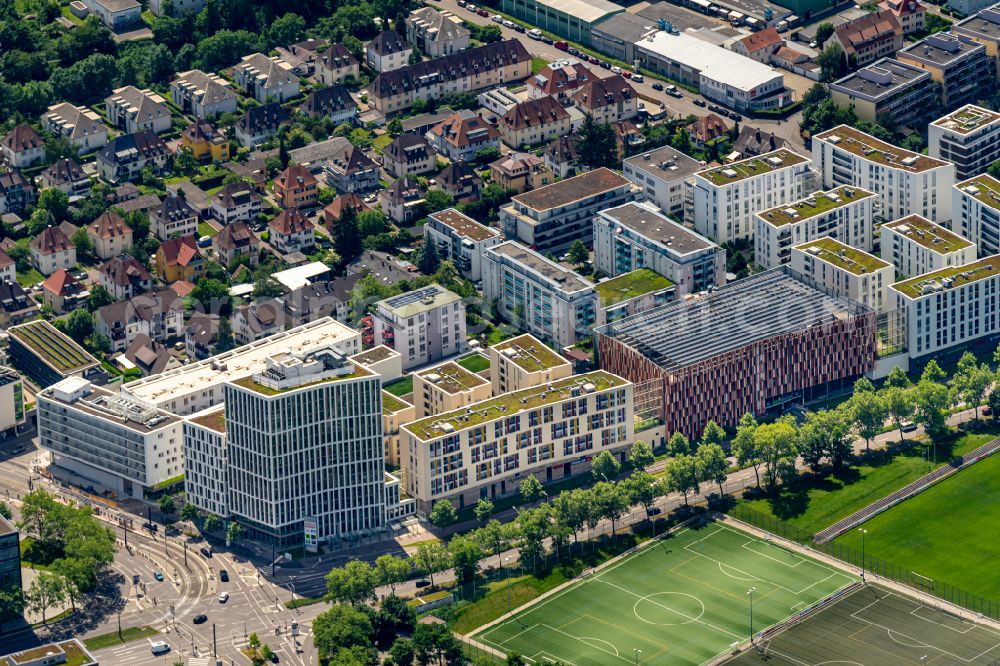 Freiburg im Breisgau from above - Residential and commercial building district along on street Breisacher Strasse in Freiburg im Breisgau in the state Baden-Wuerttemberg, Germany