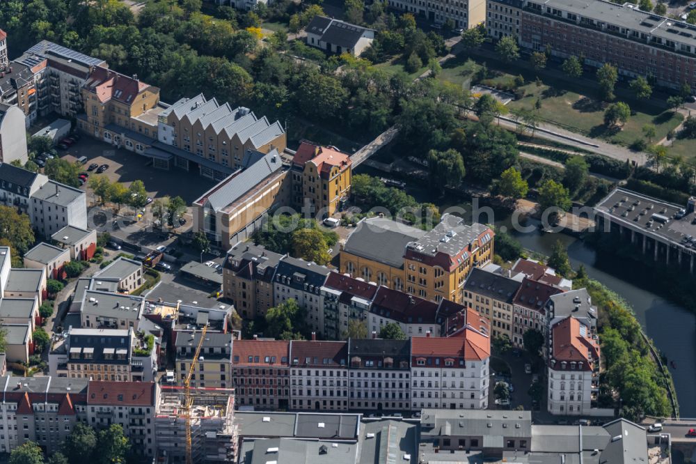 Leipzig from above - Residential and commercial building district along of Karl-Heine-Kanal in Leipzig in the state Saxony, Germany