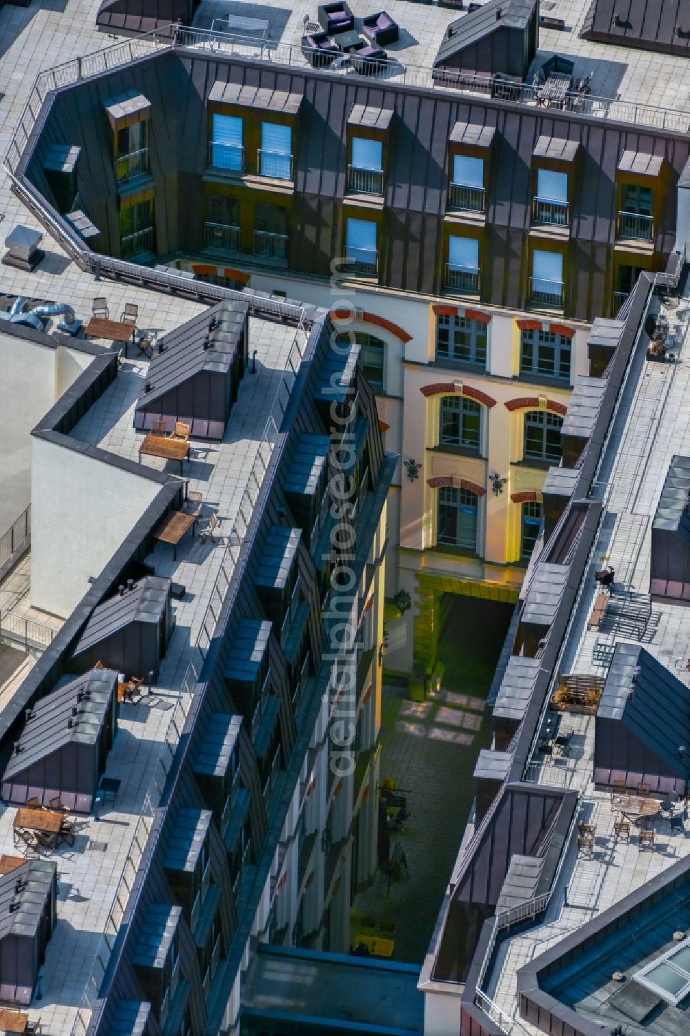 Leipzig from above - Residential and commercial building district along the Oelssner's Hof Passage in the inner courtyard on Nikolaistrasse in Leipzig in the state Saxony, Germany