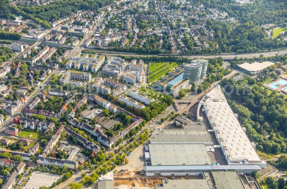 Essen from the bird's eye view: Residential and business district and the Messe Essen along the Norbertstrasse in Essen in the state of North Rhine-Westphalia, Germany