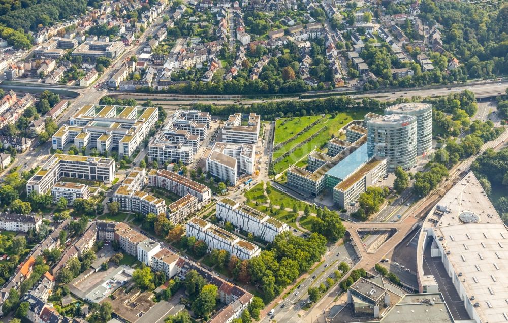 Aerial image Essen - Residential and business district and the Messe Essen along the Norbertstrasse in Essen in the state of North Rhine-Westphalia, Germany