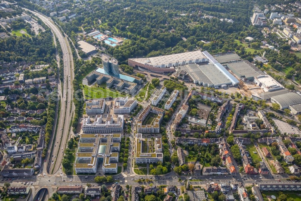 Essen from the bird's eye view: Residential and business district and the Messe Essen along the Norbertstrasse in Essen in the state of North Rhine-Westphalia, Germany