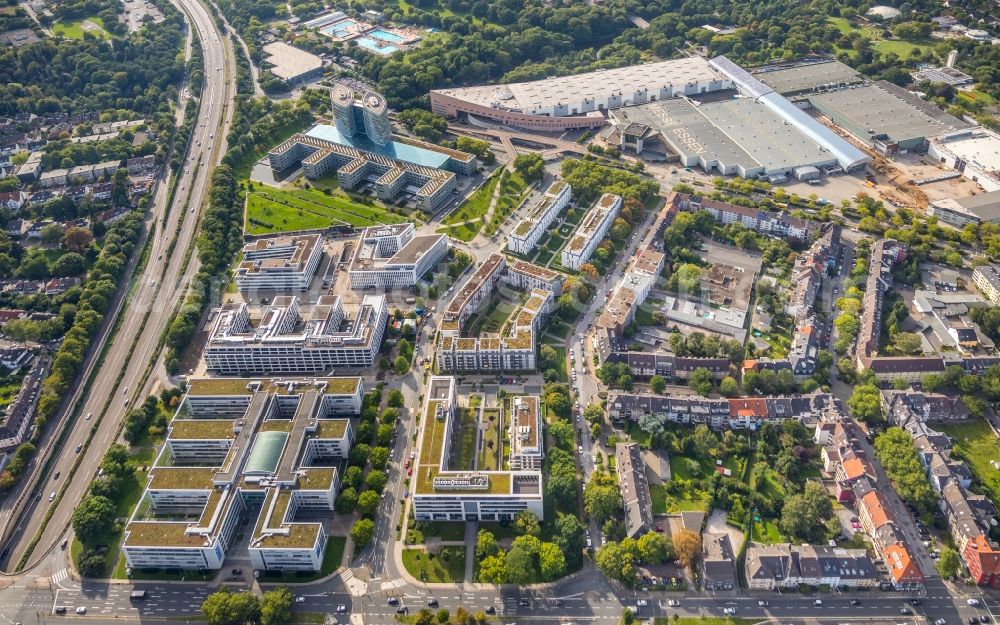 Aerial image Essen - Residential and business district and the Messe Essen along the Norbertstrasse in Essen in the state of North Rhine-Westphalia, Germany