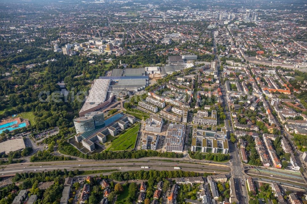 Essen from above - Residential and business district and the Messe Essen along the Norbertstrasse in Essen in the state of North Rhine-Westphalia, Germany