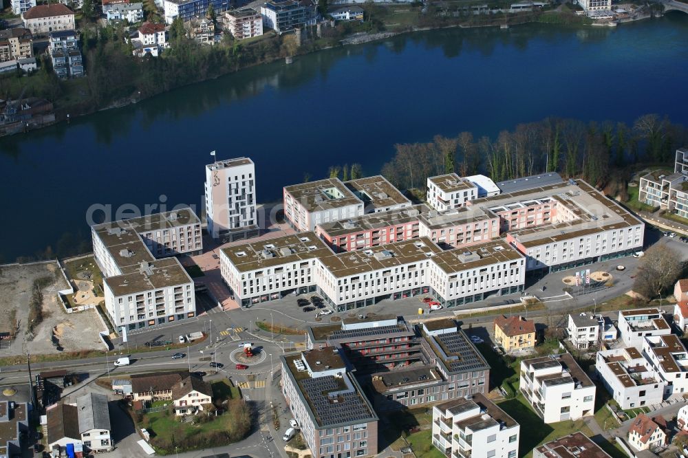 Rheinfelden from above - Residential and commercial building district Salmenpark at the river Rhine in Rheinfelden in the canton Aargau, Switzerland