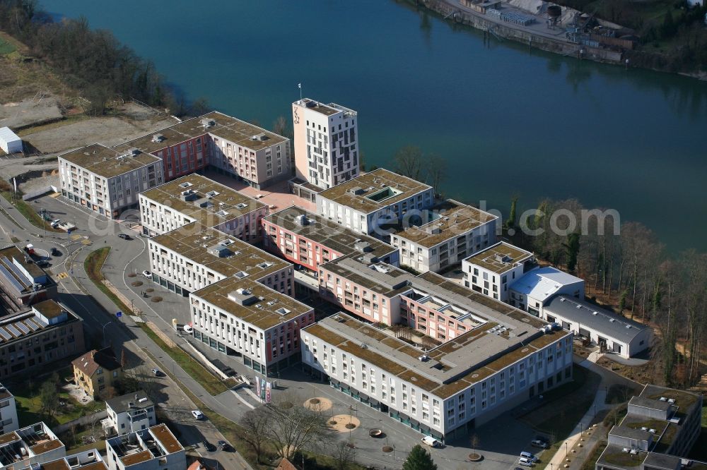 Aerial image Rheinfelden - Residential and commercial building district Salmenpark at the river Rhine in Rheinfelden in the canton Aargau, Switzerland