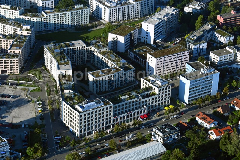 München from above - Residential and commercial building district along Kistelhofstrasse in the district Obersendling in Munich in the state Bavaria, Germany