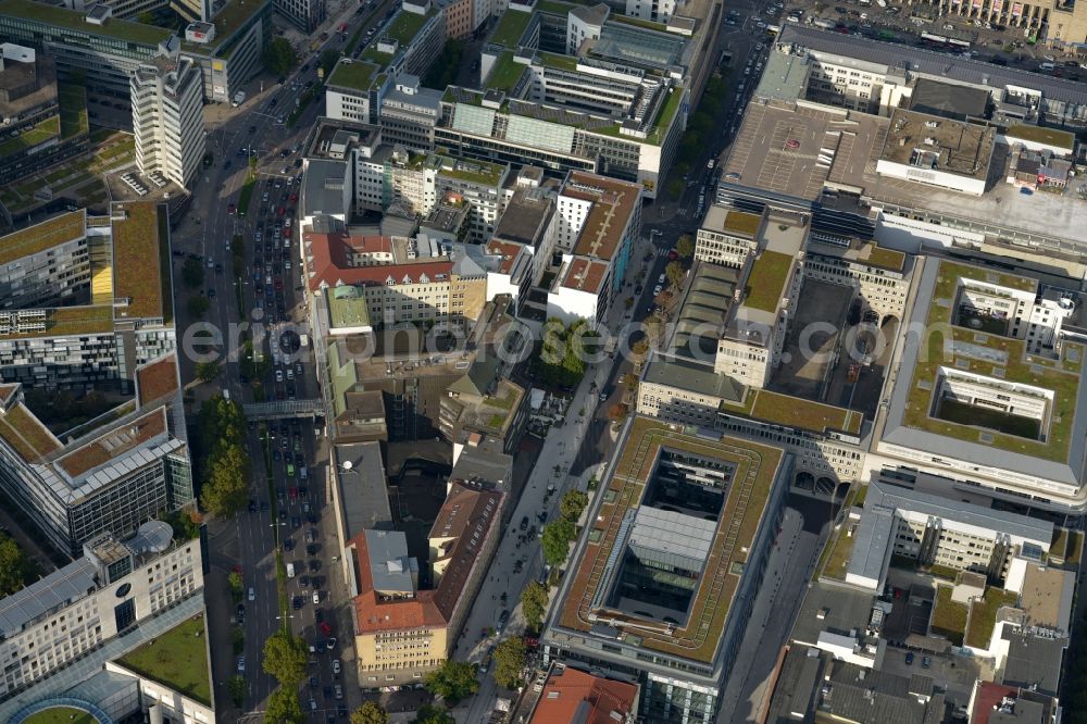 Aerial image Stuttgart - Residential and commercial construction in the Lautenschlagerstraße in Stuttgart in Baden-Württemberg. Night draft landau + kindelbacher - a modern building with Manufactum department store, stores the Manufactum bread & butter in the center of the state capital