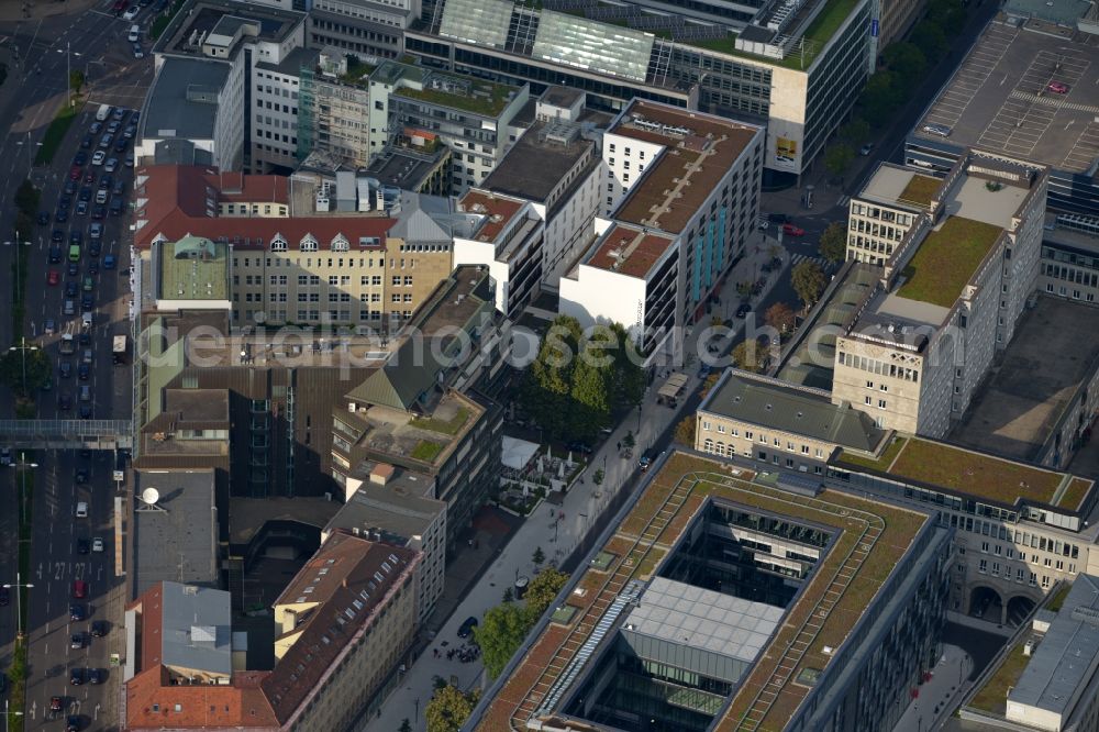 Aerial image Stuttgart - Residential and commercial construction in the Lautenschlagerstraße in Stuttgart in Baden-Württemberg. Night draft landau + kindelbacher - a modern building with Manufactum department store, stores the Manufactum bread & butter in the center of the state capital