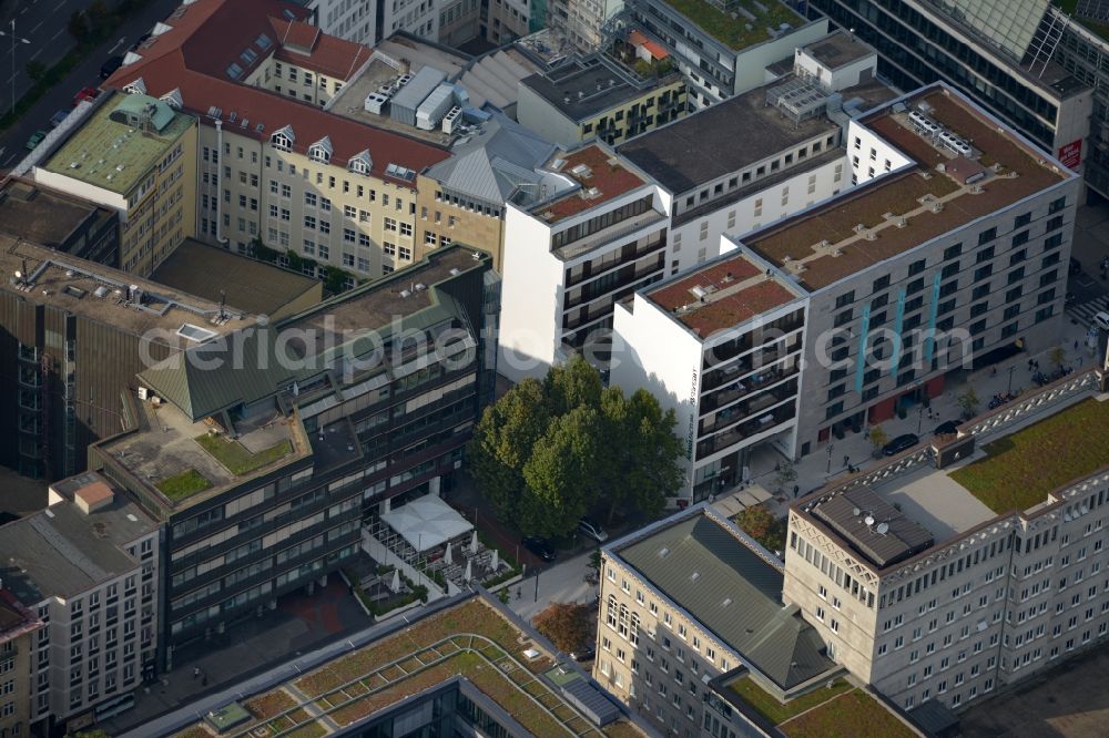 Stuttgart from the bird's eye view: Residential and commercial construction in the Lautenschlagerstraße in Stuttgart in Baden-Württemberg. Night draft landau + kindelbacher - a modern building with Manufactum department store, stores the Manufactum bread & butter in the center of the state capital