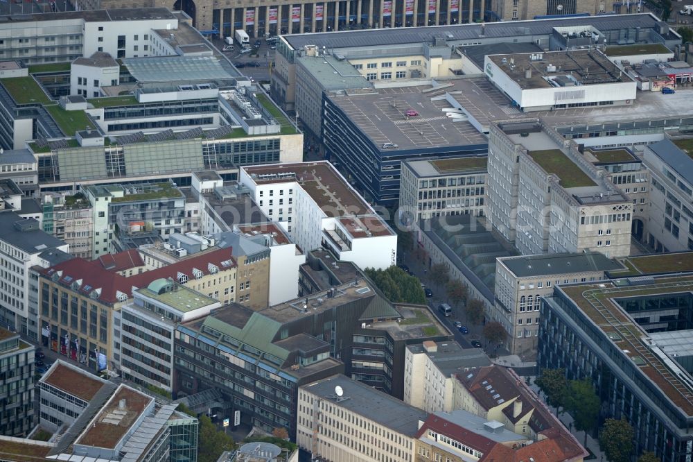 Stuttgart from the bird's eye view: Residential and commercial construction in the Lautenschlagerstraße in Stuttgart in Baden-Württemberg. Night draft landau + kindelbacher - a modern building with Manufactum department store, stores the Manufactum bread & butter in the center of the state capital