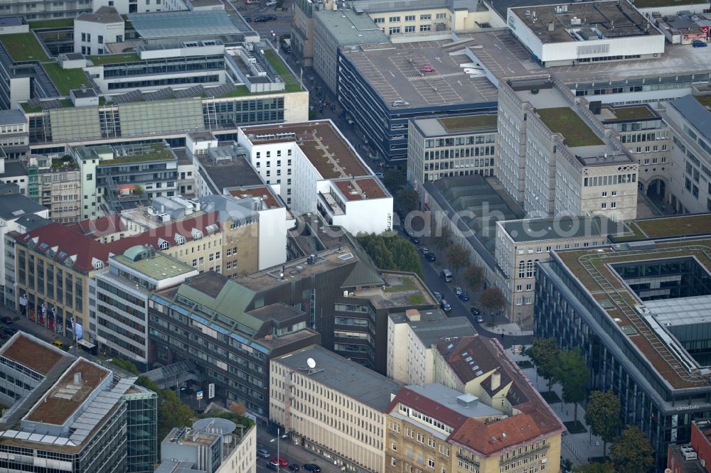 Aerial image Stuttgart - Residential and commercial construction in the Lautenschlagerstraße in Stuttgart in Baden-Württemberg. Night draft landau + kindelbacher - a modern building with Manufactum department store, stores the Manufactum bread & butter in the center of the state capital