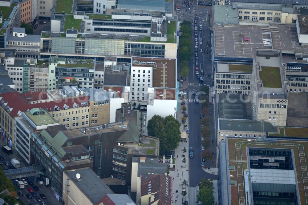 Stuttgart from above - Residential and commercial construction in the Lautenschlagerstraße in Stuttgart in Baden-Württemberg. Night draft landau + kindelbacher - a modern building with Manufactum department store, stores the Manufactum bread & butter in the center of the state capital