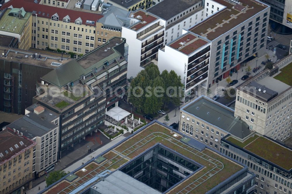 Stuttgart from the bird's eye view: Residential and commercial construction in the Lautenschlagerstraße in Stuttgart in Baden-Württemberg. Night draft landau + kindelbacher - a modern building with Manufactum department store, stores the Manufactum bread & butter in the center of the state capital